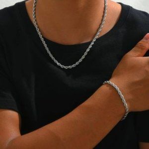 Stainless Steel Men's Silver Colored Chain Necklace & Bracelet